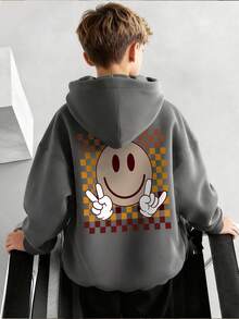 1pc Tween Boy Casual Printed Pullover Sweatshirt, Thermal Lined, Long Sleeve, Autumn/Winter - Dark Grey - View 9