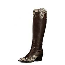 WEIDE Botas para mujer estilo vaquero con punta afilada, detalle imitación piel de serpiente, forro textil y cremallera lateral – Botas de moda retro con tacón medio y suela antideslizante - Marrón - Ver 4