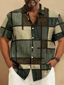Vintage Geometric Print 3D Texture Plus Size Men's Button Pocket Short Sleeve Shirt - Multicolor - View 2