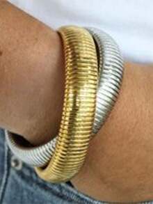 极简竖条纹弹力不锈钢手链，时尚情侣配饰 - 彩色 - 查看 9