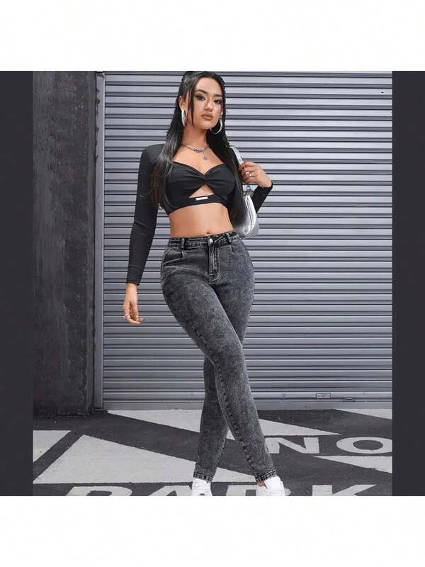 calça jeans marmorizada skinny premium feminina