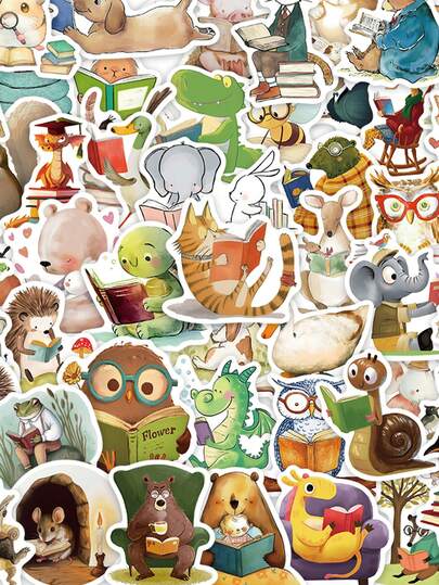 50pcs Cartoon Animal Bookish Read Book Sticker For Laptop Scrapbook Stationery Fridge DIY Decorative Decals Sticker Scrapbook Supplies Stickers