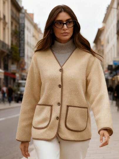 Damen Vintage Wollmischung Strickjacke, weiß mit kamelbrauner Verzierung, Herbst/Winter Oversized Rundhalsausschnitt Sherpa Mantel, geeignet für täglichen Weg zur Arbeit und Zuhause tragen