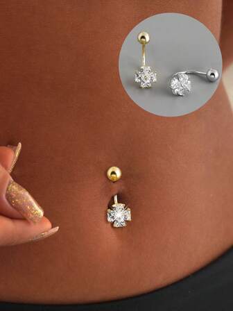 单枚S925纯银四叶草极简设计肚脐钉，女士穿刺饰品，镶嵌立方氧化锆几何图案肚脐扣，送给女友、母亲、姐妹的最佳礼物