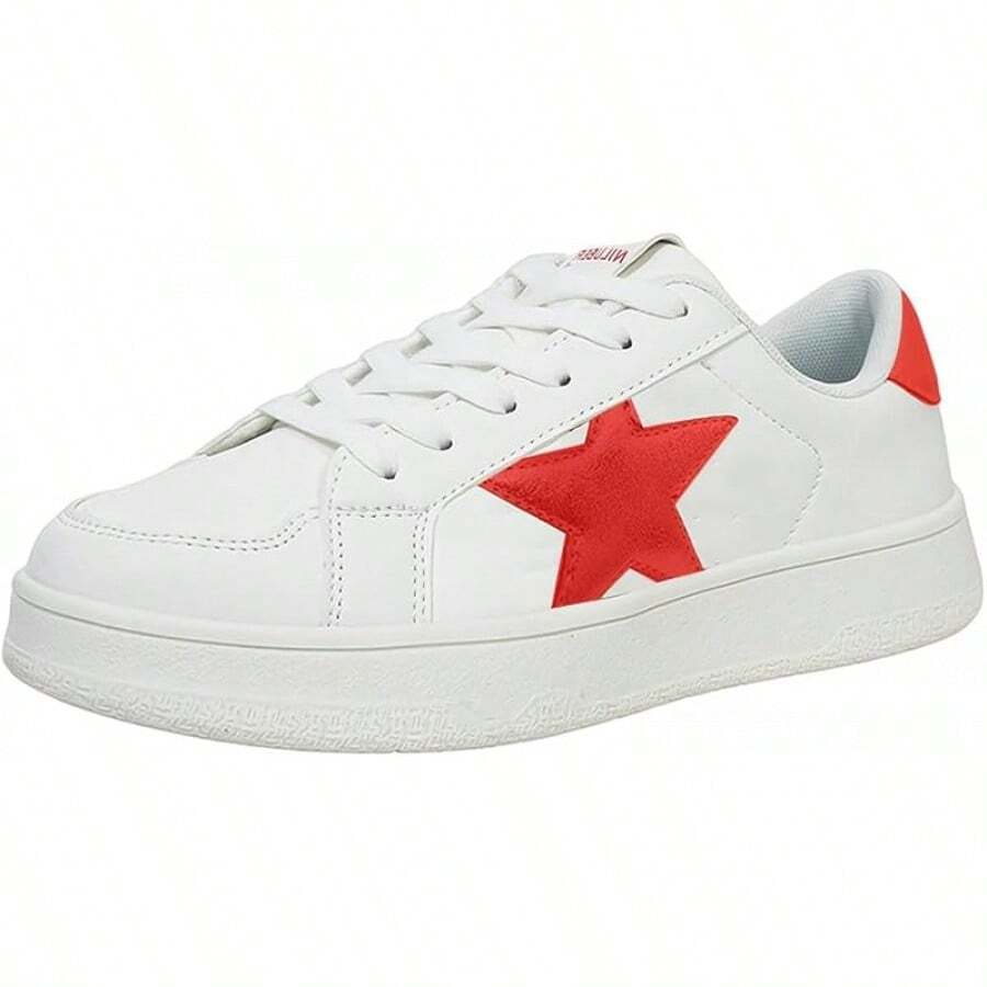 Niluber Star Sneakers For Women Low Top Cushioned White Gold Sliver Leopard Platform Sneakers Lace Up Red Glitter Platform Party ShoesChristmas - 白/紅 - 查看 1
