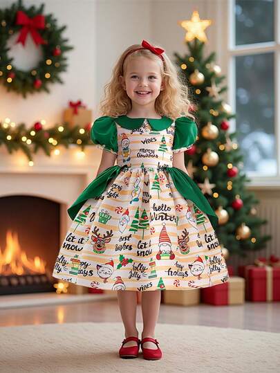 Young Girls' Peter Pan Collar Santa Claus & Reindeer Cartoon Print Christmas Party Dress, Fabric Pattern Randomly Cut, Excluding Headband