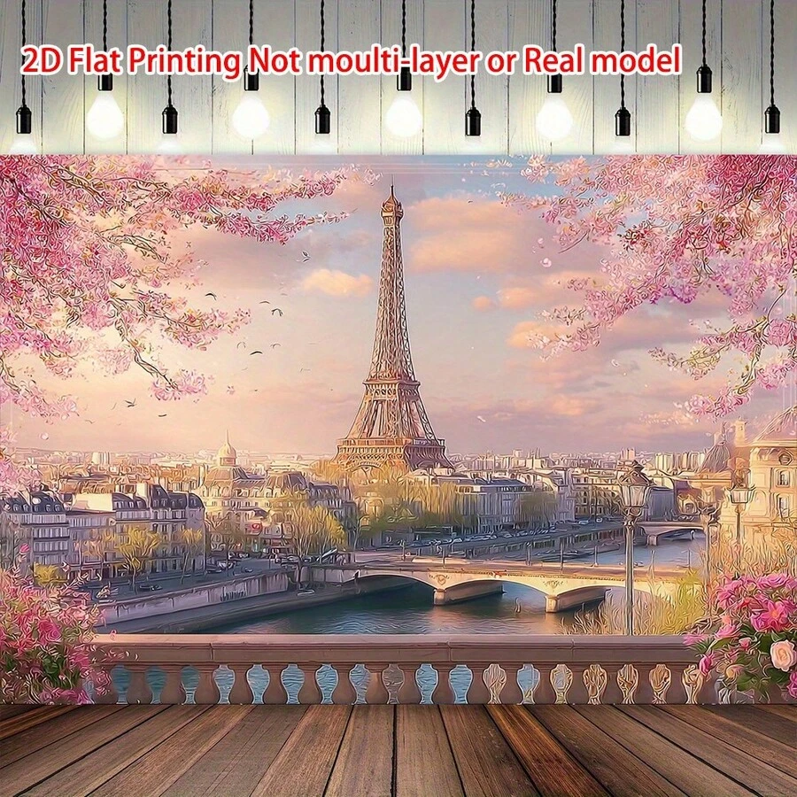 2D Flat, 1 Piece Paris Eiffel Tower And Pink Cherry Blossom Background - Romantic City Scenery Photography Banner, Durable Polyester, No Electricity Required, Perfect For Weddings, Birthdays, Home Decorations And Events, Event Decoration| Romantic City Scenery| Durable Polyester, Paris Decoration, Wall Decoration Cloth - 彩色 - 查看 1