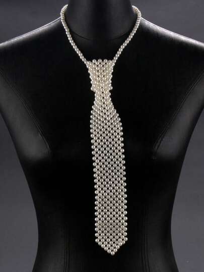 1pc Handmade Baroque Style Faux Pearl Beaded Necktie, Fashion Clothing Accessory