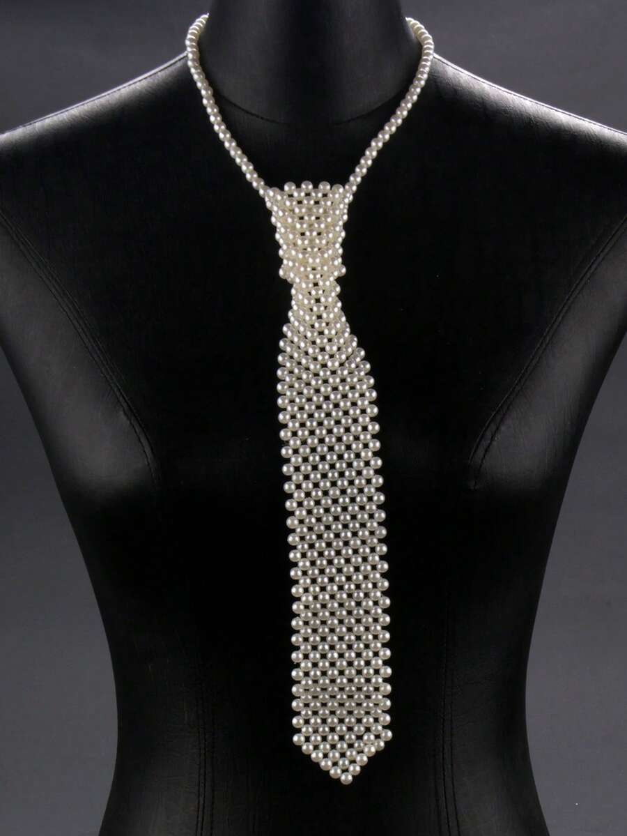 1pc Handmade Baroque Style Faux Pearl Beaded Necktie, Fashion Clothing Accessory - 956 Tie - View 1