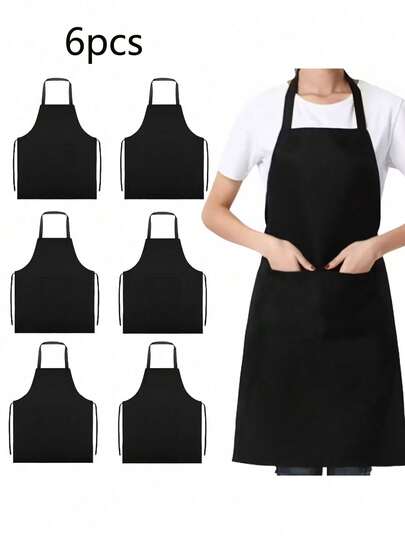 6個/1個 バッジ付き黒エプロン、ポリエステル製ヘアドレッサーエプロン、ユニセックス、耐久性、2つのポケット付き、ヘアドレッシング、料理、シェフ、バーベキュー、絵画に適しています。大量梱包、男女、シェフ、バーベキュー、絵画に適しています。