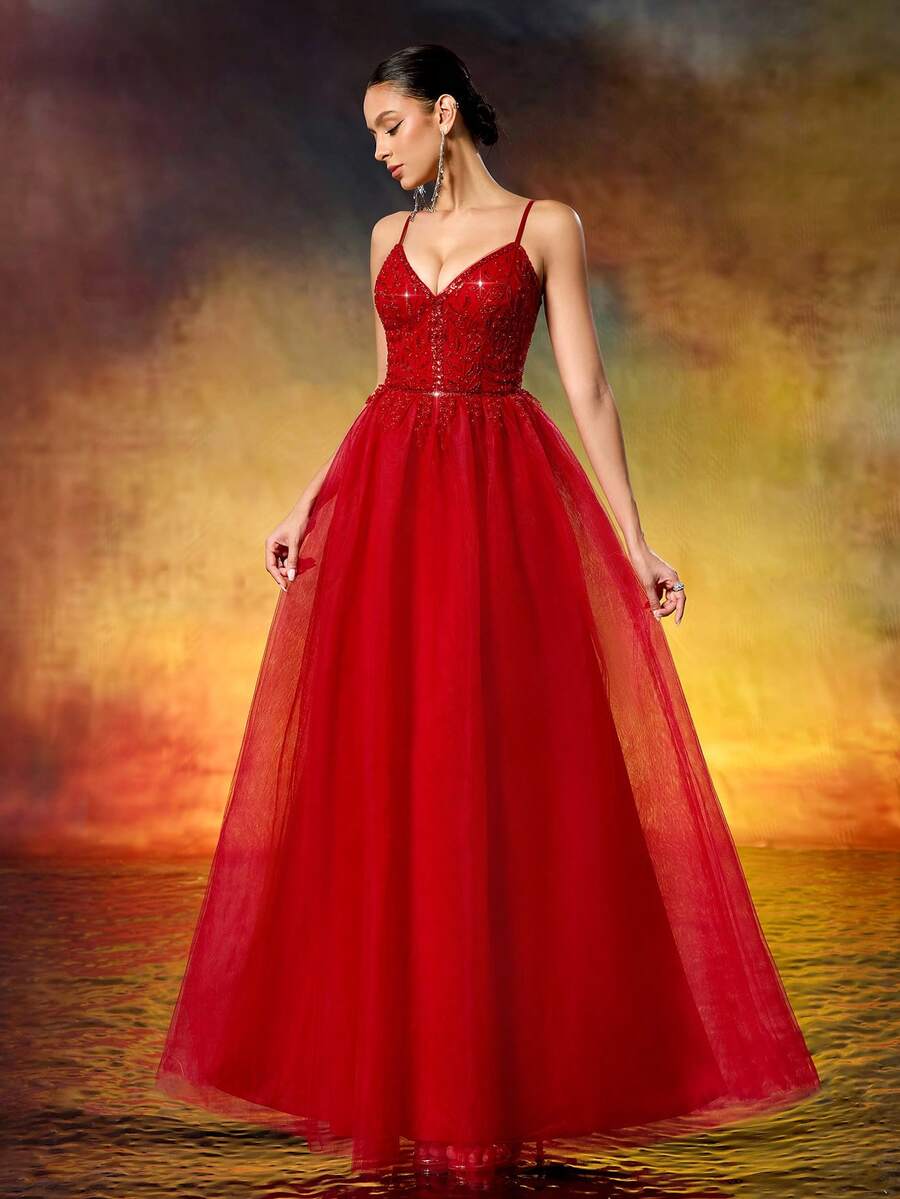 Women's Beaded V-Neck A Swing Evening Gown Elegant Tulle Party Dress For Wedding Guest,Party, Evening - Burgundy - View 1