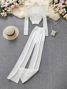 Elegant Solid Color Hollow-Out Knit Sheer Top And High Waist Pants Set, Versatile For Commute, Bohemian Sexy Sheer Beach Vacation And Home Wear - White - View 1