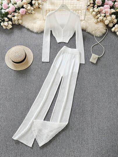 Elegant Solid Color Hollow-Out Knit Sheer Top And High Waist Pants Set, Versatile For Commute, Bohemian Sexy Sheer Beach Vacation And Home Wear