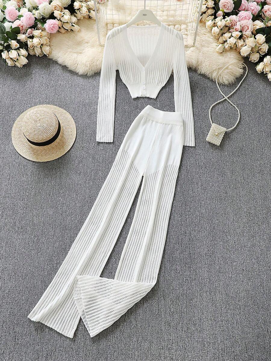 Elegant Solid Color Hollow-Out Knit Sheer Top And High Waist Pants Set, Versatile For Commute, Bohemian Sexy Sheer Beach Vacation And Home Wear - White - View 1