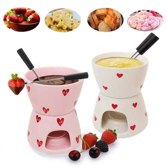 1件套心形印花陶瓷火锅套装，含2个叉子，可爱黄油加热器套装，融化锅套装，适用于巧克力、奶酪、糖果，陶瓷火锅杯套装，适合约会之夜、生日、母亲节和婚礼礼物