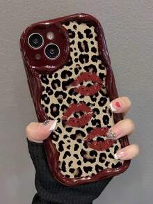 豹纹唇彩、卡通熊彩、平纹印花奶油酒红色波浪边软壳，兼容 17/17 Pro Max/ 16/16 Pro/16 Pro Max/15/XR/7P8P/P12 Pro Max/P13 Pro Max/P14 Pro Max/P13/P14/P11/P12/P14，可爱时尚加厚手机壳，适用于 XS/S/XS Max/78GES2