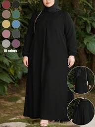 New Arrival Hot Selling Women's Middle Eastern Style Zip-Up Pockets Solid Color Loose Casual Dress