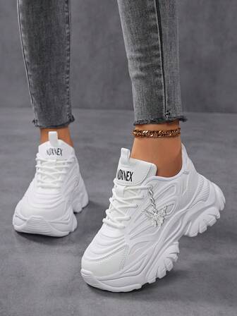 Sportiga, grova sneakers framtill för kvinnor, sneakers med färgblock, rund tå i läder och snörning framtill, lätta, andningsbara sneakers för kvinnor, halkfria, slitstarka utomhussporter, tennisskor för kvinnor, platåskor för kvinnor, vita sneakers för kvinnor, bekväma, casual skor för kvinnor