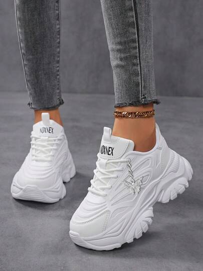 女士运动鞋，撞色圆头皮革系带运动鞋，轻便透气防滑耐磨户外运动鞋，白色运动鞋，舒适休闲女鞋