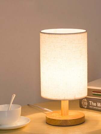 1 pieza Pantalla de lámpara de lino nórdico moderno, lámpara de mesa de madera tradicional con pantalla de tela, alimentada por USB, interruptor de botón, adecuada para la decoración del dormitorio - Iluminación ascendente para el hogar, la oficina, la ambientación de fiestas