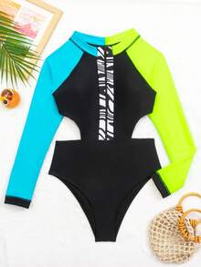Color Block Long Sleeve One Piece Swimsuit, Women's Zip Up Rash Guard With Cut Out, Blue And Neon Green Surfing Bathing Suit, High Cut Swimwear - Nhiều màu - Xem 6