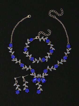 1pc Necklace + 1pair Earrings + 1pc Bracelet Fashionable Luxurious Full Diamond Claw Chain Welding Rhinestone Necklace Earrings Bracelet Bridal Jewelry Set