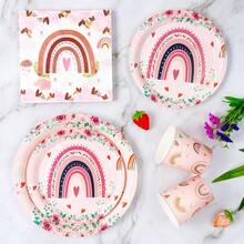 1 Set Heart & Rainbow Disposable Plates, Napkins, Cups, Serves 8 Guests, Suitable For Birthday, Wedding, Party, Family Picnic - Multicolor - View 4