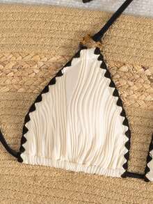 Halter Tie Strap Bikini Set, Sexy Swimsuit Two Pieces, High Elasticity Fabric, European & American Style, Beach Vacation - Champagne - View 3