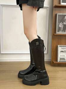 Bally V-Cut Tall Elastic Boots, Thick Sole, Thermal Lining, Slimming Riding Boots For Winter - Black - View 5