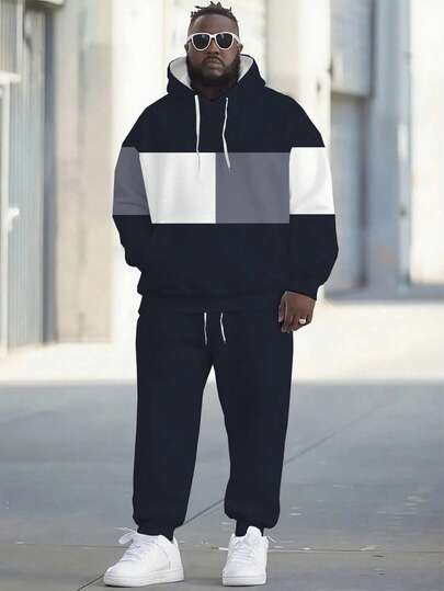 男士加大码 3D 数码印花口袋连帽衫和裤子套装，连帽衫套装，秋季服装