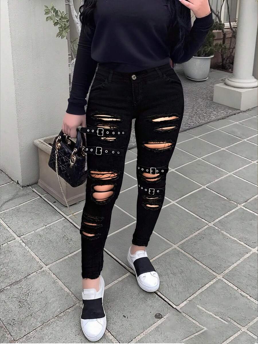 Women's Black Ripped Skinny Jeans With Buckle Straps Y2K Streetwear Denim Pants For Petite & Tall – Concert Rave Going Out Outfits - màu đen - Xem 1