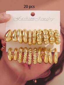 2/10/30pcs Gold Tone Earring Set - Featuring Chic Spiral & Crimp C-Shaped Hoops, Paired With Glossy Dome & Teardrop Studs, Versatile Jewelry For Daily Wear & Parties - Multicolor - View 3
