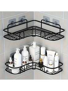 1pc Black Metal Corner Shelf - Space-Saving Wall-Mounted Bathroom Storage Rack, Suitable For Shampoo, Skincare And Cosmetics, Formaldehyde-Free, Bathroom Organization Helper - Multicolor - View 9