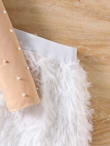 Girls Beaded Collar Puff Sleeve Top + Furry Skirt 2-Piece Set - Apricot - View 5