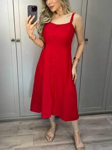 Elegant Women's Linen Midi Dress - 紅色 - 查看 10