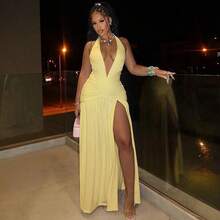 Sommer Neue Damenmode Elegantes Halter V-Ausschnitt Langkleid Sexy Elegantes Schlitz Rüschenschnitt Rückenfreies Kleid