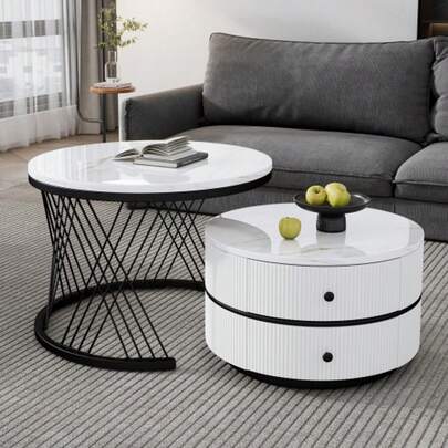 Elegant 2-Piece White Nest-Shaped Coffee Table Set, 60*60*46cm & 50*50*31cm, Round Tables With High-Gloss Marble Look, 2 Drawers, Load Capacity Up To 30kg, Nesting Combination Coffee Table