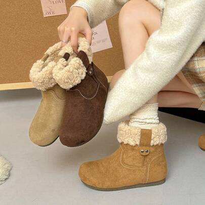 Botas de Nieve de Gamuza Vintage para Mujeres 2025 Botas Cortas de Terciopelo de Invierno Punta Redonda Plana Uso Bidireccional Zapatos Cálidos para Mujeres