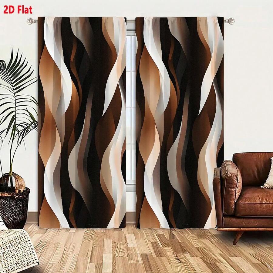 2 piezas de Cortinas Vintage con Diseño de Olas Abstractas, Paneles Tejidos de Poliéster con Bolsillo para Barra, para Dormitorio y Sala de Estar - Lavable a Máquina - Marrón - Ver 1