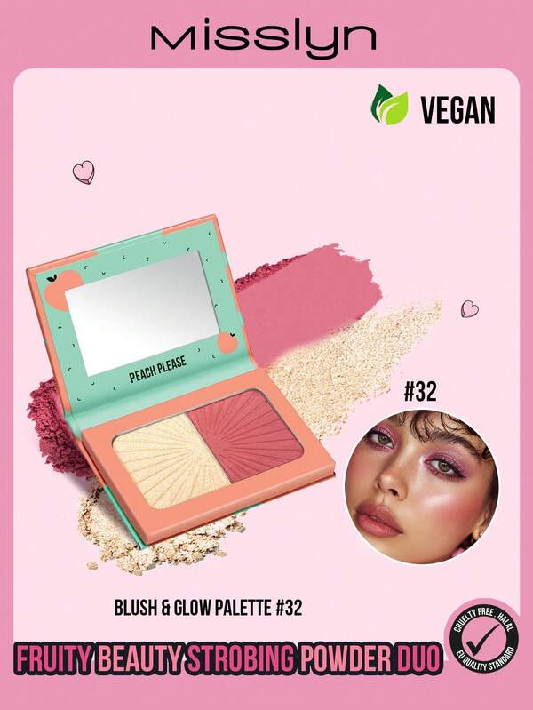 Misslyn Misslyn Fruity Beauty Strobing Highlighter & Blush Duo Set, Blushlighter, Powder Blush & Illuminator Highlighter, Soft Powder, Easily Blended, Pigmented Soft Powdery Texture, With Mirror, Long-Lasting, Lightweight, Smooth
