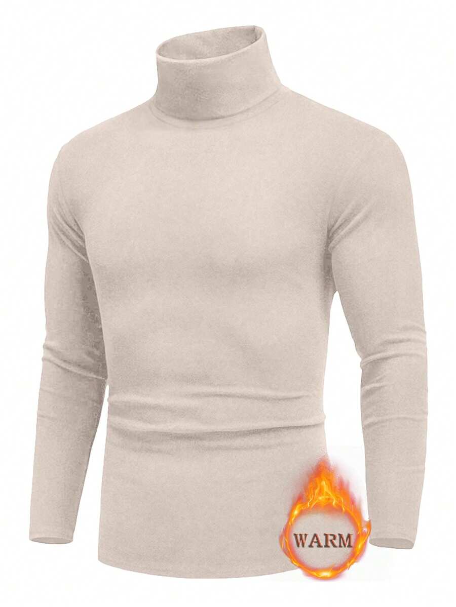 Tricou bărbătesc cu mânecă lungă, cu guler înalt, căptușit termic, în culoare solidă, confortabil și călduros pentru toamnă/iarnă