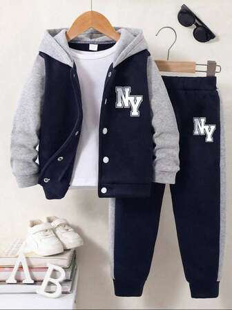 2pcs/Set Boys' Contrast Color Block Letter Print Hoodie Jacket And Pants Casual Outfit