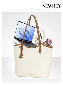 NEWHEY حقيبة يد نسائية من جلد البولي يوريثان، حقيبة عمل كبيرة السعة مع سحاب، حقيبة كتف