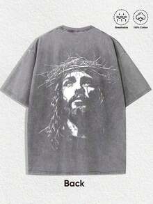 1 PCS Religious "Jesus With Crown Of Thorns" Graphic Tee: Featuring Distressed Vintage Finish, Front Cross Print Adorned With Crown Of Thorns, Back Artistic Portrait Of Jesus Wearing Crown Of Thorns, Crafted From Breathable 100% Cotton, Perfect For Infusing Spiritual & Nostalgic Vibes Into Outfits During Easter Celebrations, Church Events, Or Daily Wear Men's Round Neck Printed Short Sleeve Casual Everyday T-Shirt, They Are Excellent Gifts For Friends And Family, 100% Cotton T-Shirts Feature, A Youthful And Fashionable Design, Graphic Tees Men, Graphic Tees Women, Cachorro Feliz, Back To SchoolNew Casual T-Shirts For Men And Women - 灰色 - 查看 4