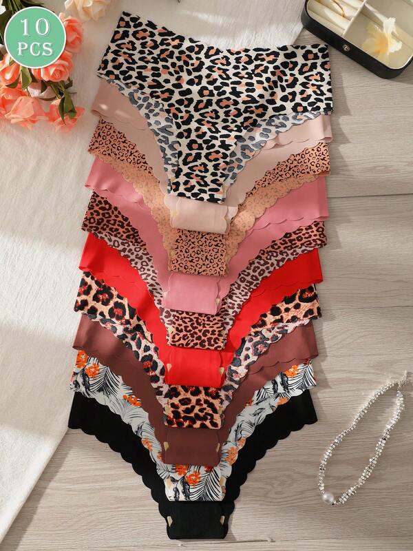 10pcs/Pack - Women's Seamless Wavy Edge Bikini Panties, Comfortable & Sexy Skin-Friendly Fabric, Solid Color & Leopard Print Matching Seamless Bikini Briefs