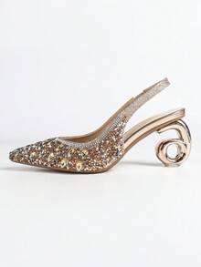 Zapatos de tacón alto para mujer. Punta afilada, parte superior totalmente cubierta de rhinestones, correa elástica en la parte trasera, forma de tacón única, cómodos. Rhinestones lujosos y brillantes, adecuados para fiestas, reuniones, bailes, compras, diversas ocasiones y festivales - Champán - Ver 10