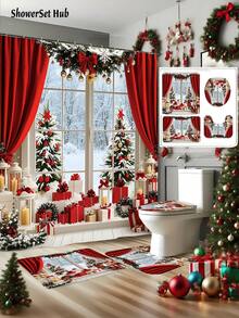 1/3/4pcs Christmas Winter Shower Curtain Set With Gift Balls, Snowflake, And Bow, Red And Green Polyester Fabric, Washable, U-Shaped Toilet Lid Cover, Non-Slip Bath Mat, Festive Holiday Bathroom Decor With 12 Hooks - Multicolor - View 2