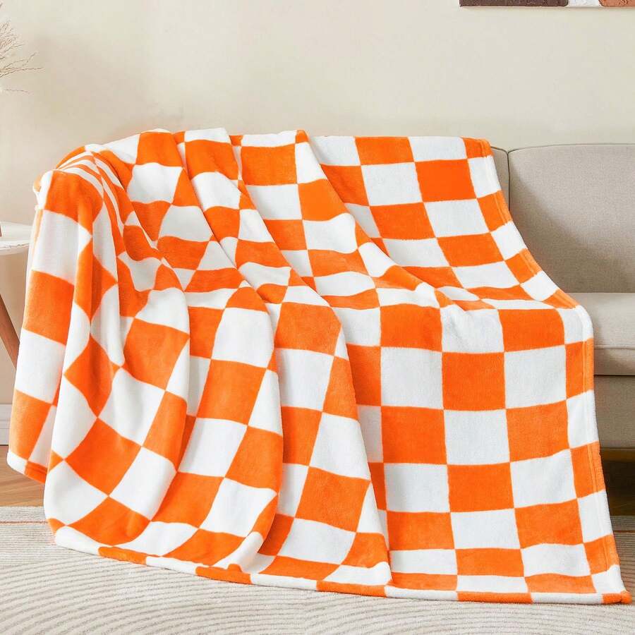 Checkered Throw Blanket For Couch, Soft & Cozy Fleece Flannel Blanket With Checkerboard Grid Home Decor, Checkered Orange Tennessee Blanket - 橘色 - 查看 1