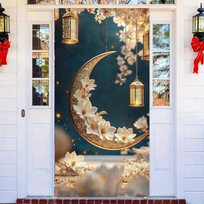 2D Door Banner 1 PC Eid Mubarak Door Frame Banner - Golden Crescent Moon And White Floral Design, Polyester Fabric, No Power Required, Multifunctional For Wedding, Birthday, Anniversary, Bachelorette Party Decoration