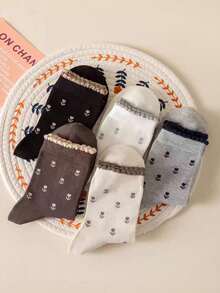 3 Pairs Random Floral Lace Cotton Mid-Calf Socks For Women, Retro Maillard Cuff Crew Socks, Spring & Autumn - Multicolor - View 2